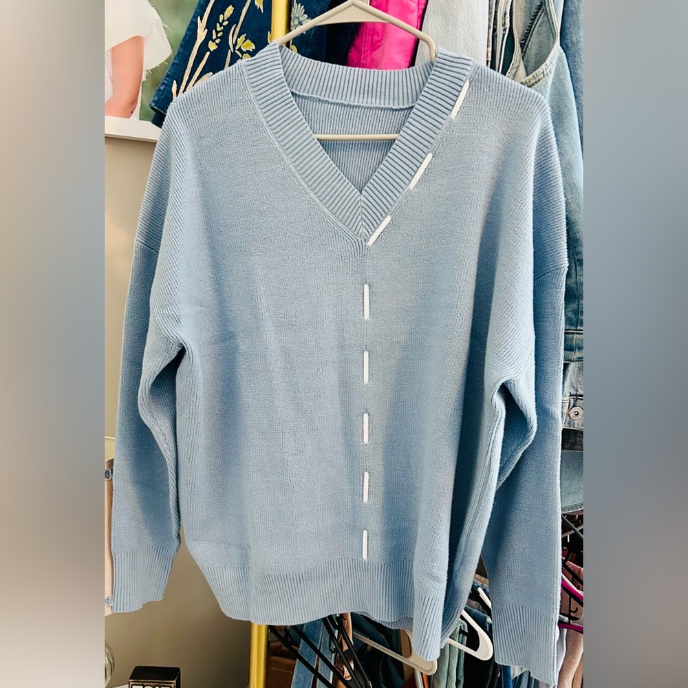 Women's Soft V-Neck Sweater in Light Blue with Matching Skirt